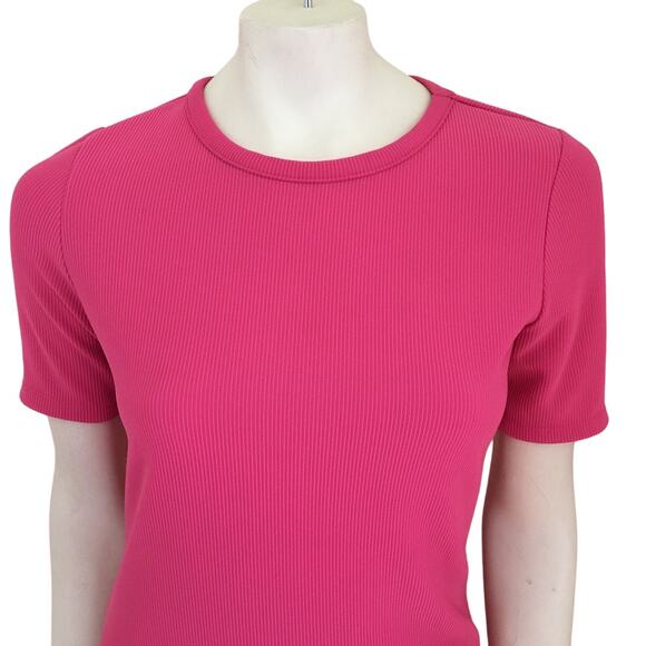 ELODIE Short Sleeve Ribbed Mini Sheath Dress in Barbie Pink SZ 6 - Picture 2 of 9